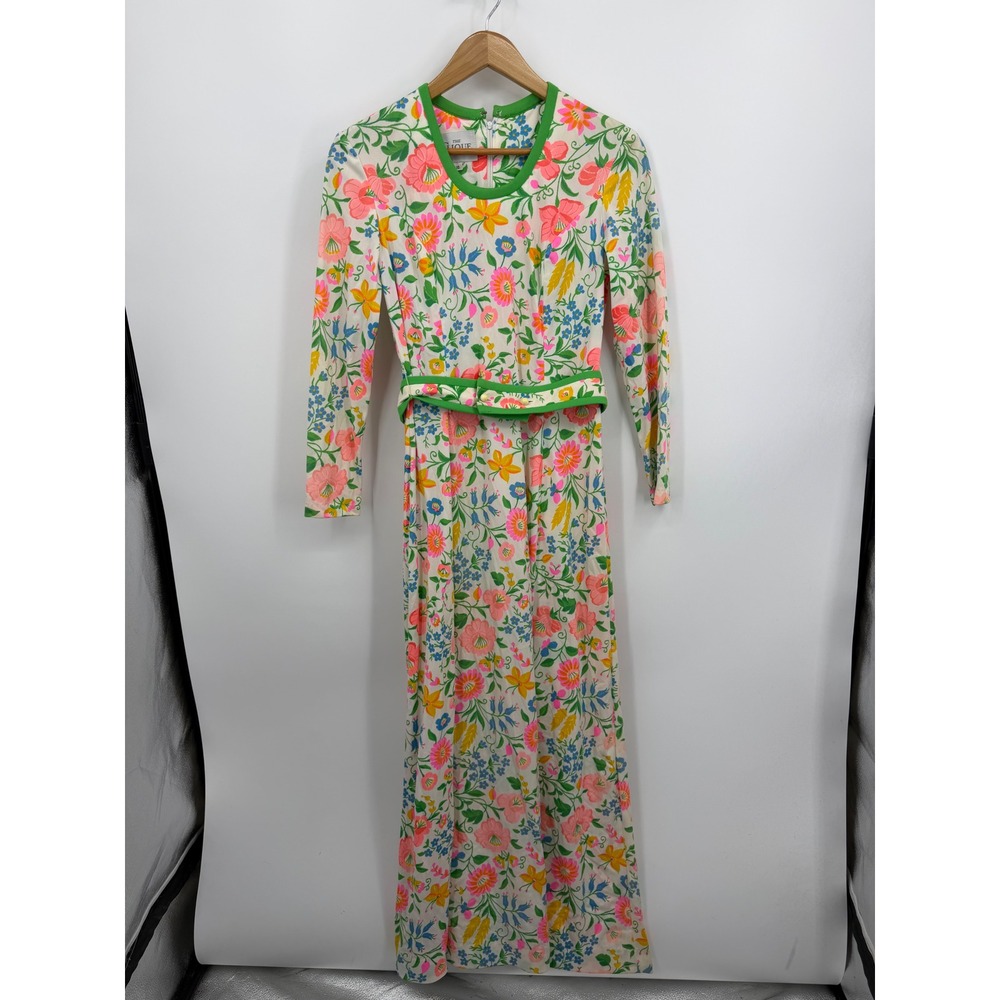 The Clique Floral Maxi Dress Womens 10 Multi Color‎ Long Sleeve Belted Vintage